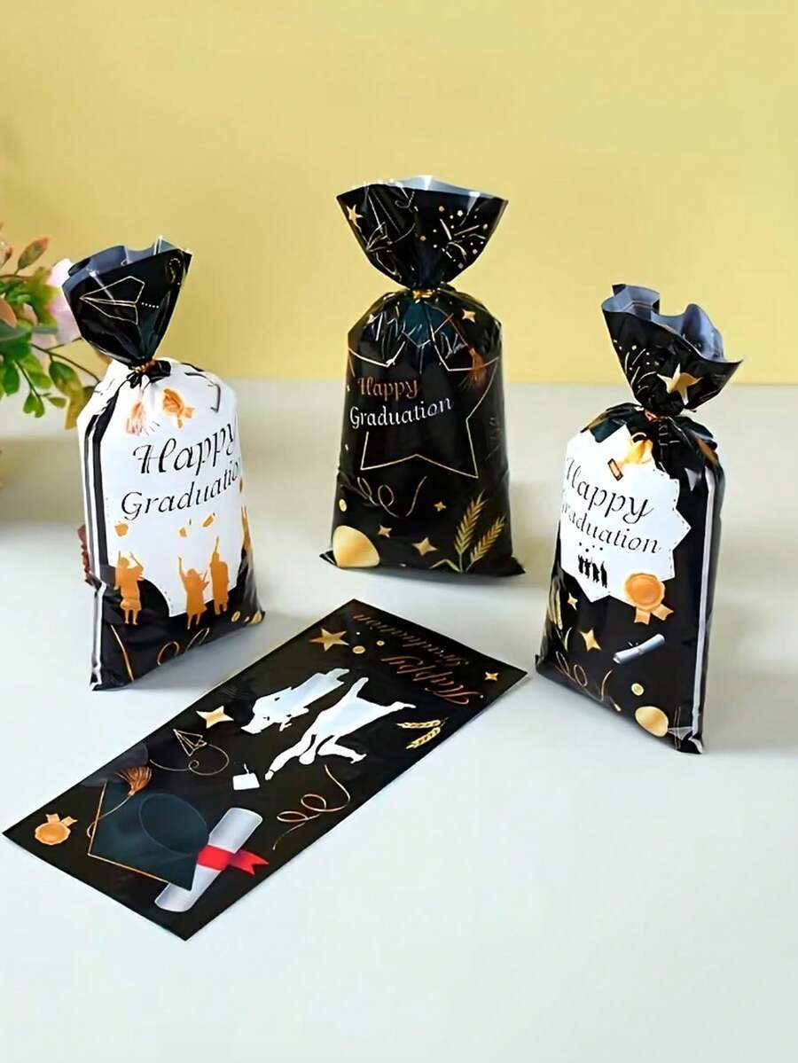 50pcs Graduation Party Gift Bags - Flat Candy Bags With Printed Graduation Patterns And Drawstring Closure; Ideal For Gift Packaging And Candy Packaging, Suitable For Graduation Parties And Themed Events.