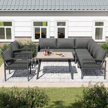 Garden Set, Furniture For 8 People, Rope Frame, Large Wood-Look Table, Galvanized Iron Frame, Adjustable Feet, Seat And Back Cushions Included, Grey - C - View 4