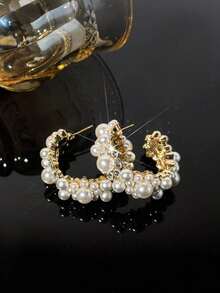 Andkiss Faux Pearl Decor Hoop Earrings - White - View 2