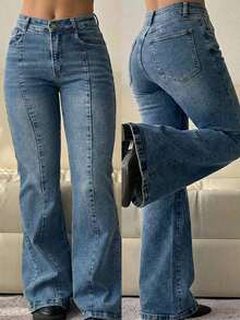 Womens Casual Long Denim Flare Leg Jeans With Pockets And Button Washed Slight Stretch Fabric - Retro Blue - View 1