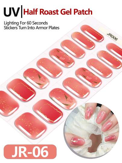 16 piezas de pegatinas de uñas de gel semi-curadas, envoltorios de uñas de gel con lámina de oro y flor de lirio rojo, compatibles con cualquier lámpara UV, cobertura completa de la uña, regalo DIY para mujeres y niñas