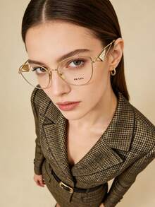 Prada 1 Pair GUCCI Transparent Square Decorative Fashion Glasses, Inlaid With Gold Metal Frames And Artistic Landscape Patterns, Suitable For Reading, Entertainment, Computer Use, School And Daily Decoration - Gold - View 2