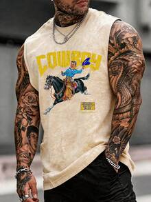 Men's Printed Vintage Washed Vest, Loose Fit, Casual Street Style, A Must-Have Item For Street Wear And The Gym. - Màu be - Xem 1