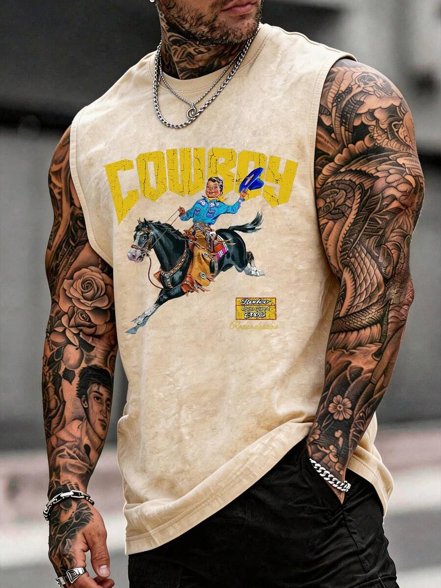 Men's Printed Vintage Washed Vest, Loose Fit, Casual Street Style, A Must-Have Item For Street Wear And The Gym. - Màu be - Xem 1