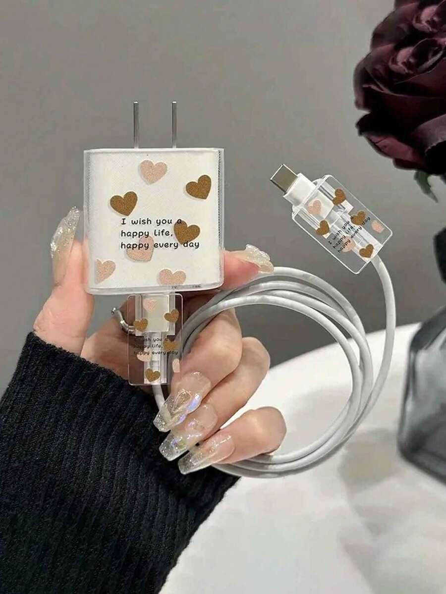 3 件装棕色心形图案充电器及数据线保护套，兼容苹果 20W 14 Pro Max - 彩色 - 查看 1