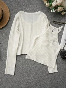 2件套 女士春夏新款针织开衫，露背背心，韩版柔软短款两件套 - 乳白色 - 查看 9