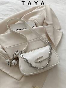 TAYA Grunge Punk Fashionable Women's Square Crossbody Bag, PU Material, Metal Star Decor, Chain Strap, Ball Decor, Y2K Metallic Vibe, Suitable For Daily Use, Work Commute, Gift For Friends, Holiday, Ladies Shoulder Bag - White - View 2