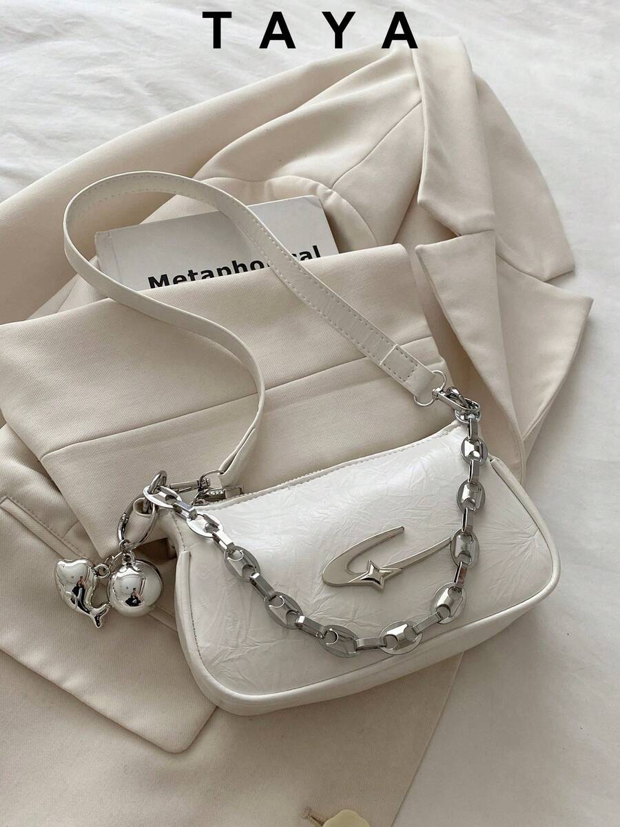 TAYA Grunge Punk Fashionable Women's Square Crossbody Bag, PU Material, Metal Star Decor, Chain Strap, Ball Decor, Y2K Metallic Vibe, Suitable For Daily Use, Work Commute, Gift For Friends, Holiday, Ladies Shoulder Bag
