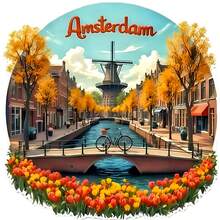 Mùa thu vàng ở Amsterdam: Nam châm tròn dán tủ lạnh, cây vàng, hoa tulip nở rộ, kênh đào và cối xay gió, xe đạp trên cầu - Mùa thu ấm áp và tự do kiểu Hà Lan. - D - Xem 7