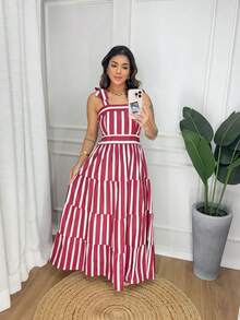 15 Striped All-Over Print Fabric Gathered Hem With Ruffle Wedding Dresses - Redwood - View 1