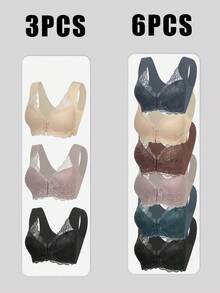 Sujetador cómodo inalámbrico con botones frontales de retazos de encaje para mujer de 6 piezas, sujetador moldeador sin aros de goma, soporte medio, encaje delicado, varios colores y varias piezas en un conjunto - Multicolor - Ver 2