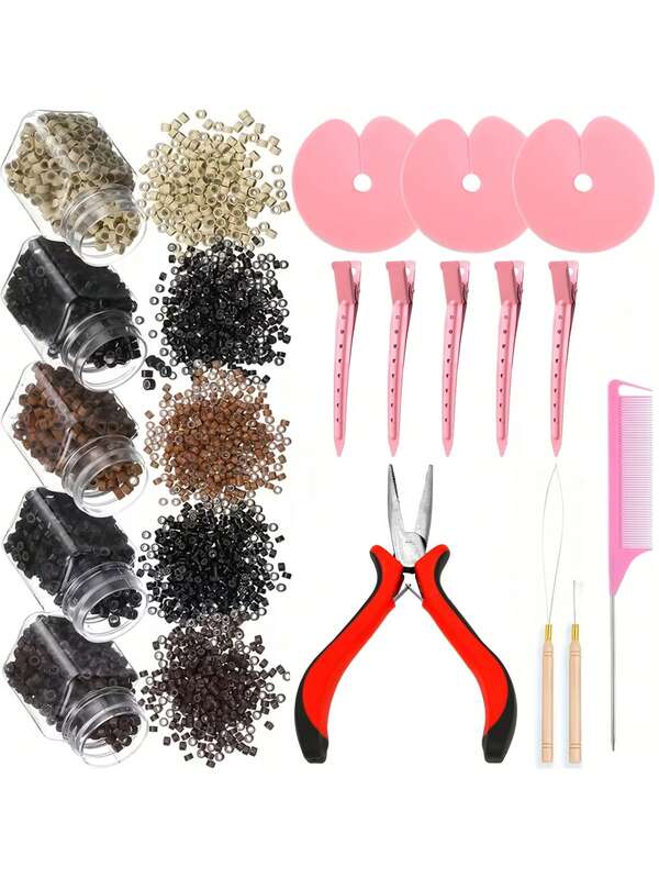 Kit For Hair Extensions: Includes 1 Plier, 500 -Lined Micro Rings, 1 Needle, 1 Threader, 1 Crochet Hook, 1 Comb, And 5 Styling Clips