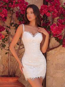 优雅无肩带V领蕾丝亮片3D贴花高腰露背系带短款派对礼服，适合舞会、生日派对、晚宴、返校节、婚礼宾客、鸡尾酒会、家庭度假等场合，春季白色 - 白色 - 查看 5