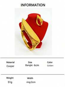ANIID 2件套时尚女士镂空花朵铜手镯戒指首饰套装，中东迪拜欧洲及非洲新娘婚礼派对礼服配饰，情人节复活节节日礼物 - 金黃色 - 查看 6
