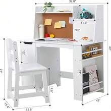 Kids Desk and Chair Set, Mesa de Estudio Infantil con Silla y Almacenamiento - Juego de Escritorio para Niños 3-8 Años, Incluye Estantería y Gabinetes, Ideal para Aprender, Pintar y Jugar. - Blanco - Ver 2