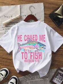 青少年男童印花短袖T恤，学生休闲夏季上衣 - 白色 - 查看 3