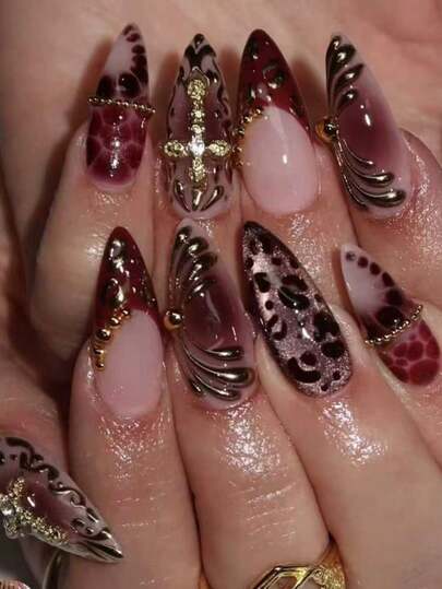 24pcs Medium Almond Shaped False Nails With French Sweet Floral Patterns, Cute Golden Starfish, Soft Wavy Shiny Golden Beads/Pink 3D Butterfly Flower/Contrasting Metallic Leopard Cross, Suitable For All Women, Can Be Used As Women's Gift