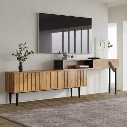 Modern TV Stand With Marble And Wood Grain Design, PVC Upholstery, Iron Table Legs, Dark Wood Grain, Interior Decoration, Space-Saving, Durable