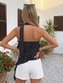 Women's Dot Print Tube Tops With Neckband Ruffle Asymmetrical Hem Summer Strapless Crop Bandeau - 黑色 - 查看 2