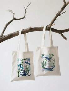 海洋生物印花帆布手提袋，轻便可重复使用，适合泳池度假日常必备 - 彩色 - 查看 7