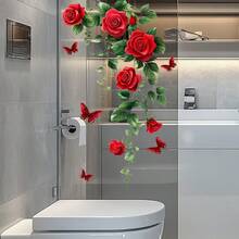 1pc Red Rose Vine Glass Sticker, Butterfly Floral PVC Glass Sticker, Suitable For Bathroom And Bedroom Glass Decor Window Sticker - Rose, Green Leaf, Butterfly - View 4