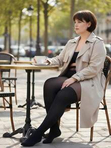 大码女士不透明连裤袜，采用过膝袜和透明丝袜混合设计——柔软双层效果，日常穿着舒适，适合曲线身材，可手洗 - 黑色 - 查看 4