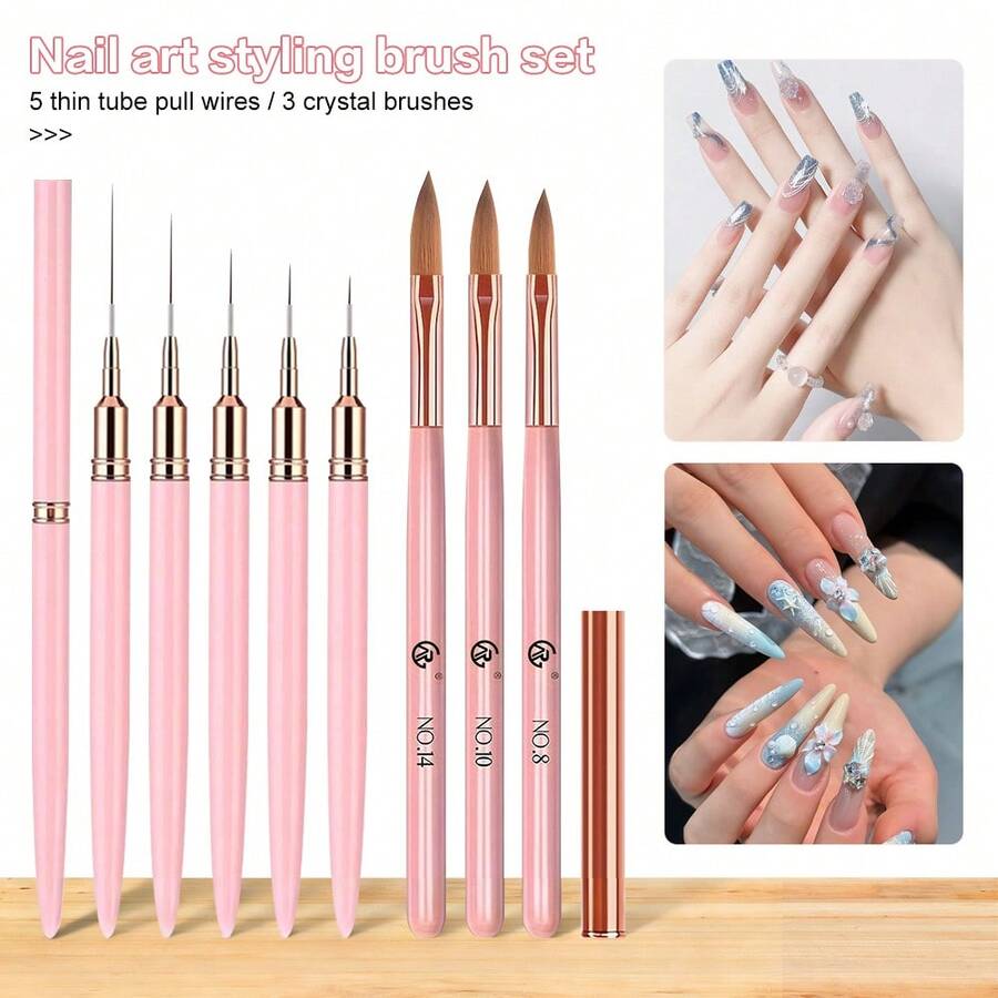3支水晶凝胶美甲刷 + 5支勾线刷，刷毛柔软顺滑，适合专业美甲师和初学者居家使用。 - 粉色 - 查看 1