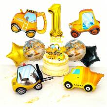 10pcs Construction Theme Aluminum Foil Balloon Set, Including Excavator, Forklift Balloons, Number Balloons, Star Balloons, Suitable For Birthday Party Decoration, Baby Shower Party - View 3