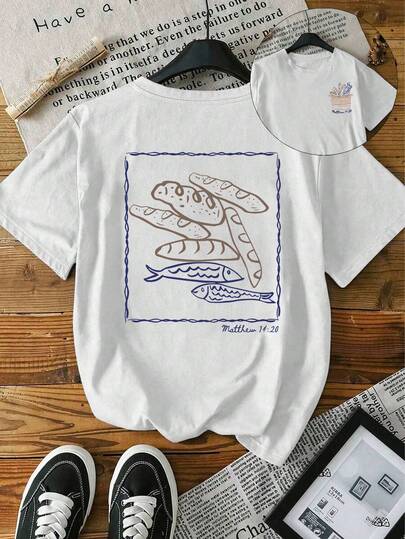 Plus-Size Women's Faith-Themed Round Neck Short-Sleeved T-Shirt With Bread, Fish, And Letter Prints. Comfortable, Colorful, And Simple Christian-Style Top. Suitable For Bible Study, Catholic Gifts, And Fashionable Summer Wear. Perfect For Everyday Casual Wear And Commuting.Vacation, Beach, Graduation Season, Back-To-School Season