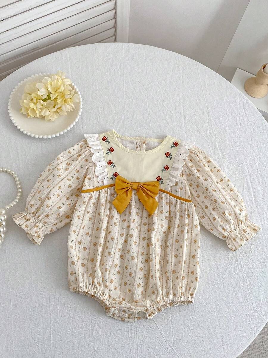 Spring New Baby Girl Vintage Floral Bodysuit, Lace Embroidery Round Neck Long Sleeve Bow Bodysuit