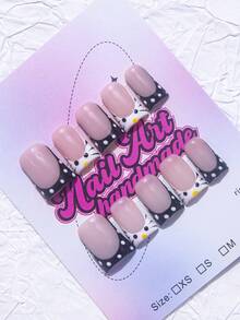 10Pcs Set Handmade Press-On Nails, Duck Billed Shaped Y2K Baddie Style, Nude & Black Color With French Tip, Rhinestone, Flower Design, Suitable For Party, Wedding, Everyday Wear, Gift For Women & Girls, Comes With Tool Kit Nail Supplies Nails - Black - View 2