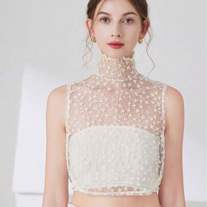 1件蕾丝网纱荷叶边领，优雅立领可拆卸假领，多功能蕾丝假领配饰