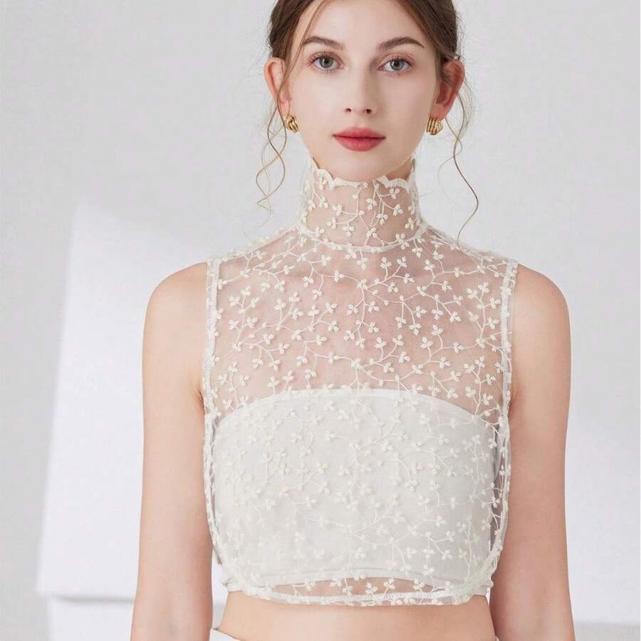 1件蕾丝网纱荷叶边领，优雅立领可拆卸假领，多功能蕾丝假领配饰 - 彩色 - 查看 1