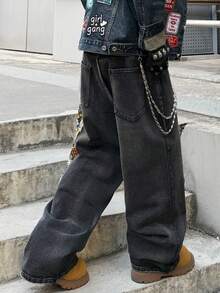1件复古美式街头风刺绣宽松直筒牛仔裤，四季皆宜的男士牛仔裤（不含腰带和配饰） - 黑色 - 查看 3