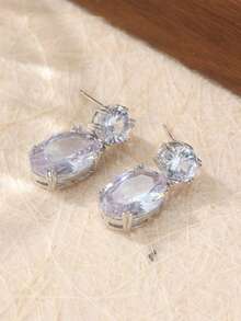 奢华铜质椭圆形合成锆石吊坠耳环，优雅珠宝，适合女性在节日、婚礼、派对等场合佩戴。 - 銀色 - 查看 2