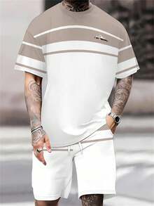 Voidago Men's Breathable Casual Short Sleeve Set - Summer Lightweight Stretchy Polyester Blend, Round Neck Design, Washable, Dual-Color Splicing Logo Detail - Multicolor - View 4