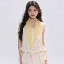 Women Vintage Grey Lace Trim Scarf Versatile Headwrap Hairband Decoration Daily Vacation Photography Sun Protection Shawl - 黃色 - 查看 2