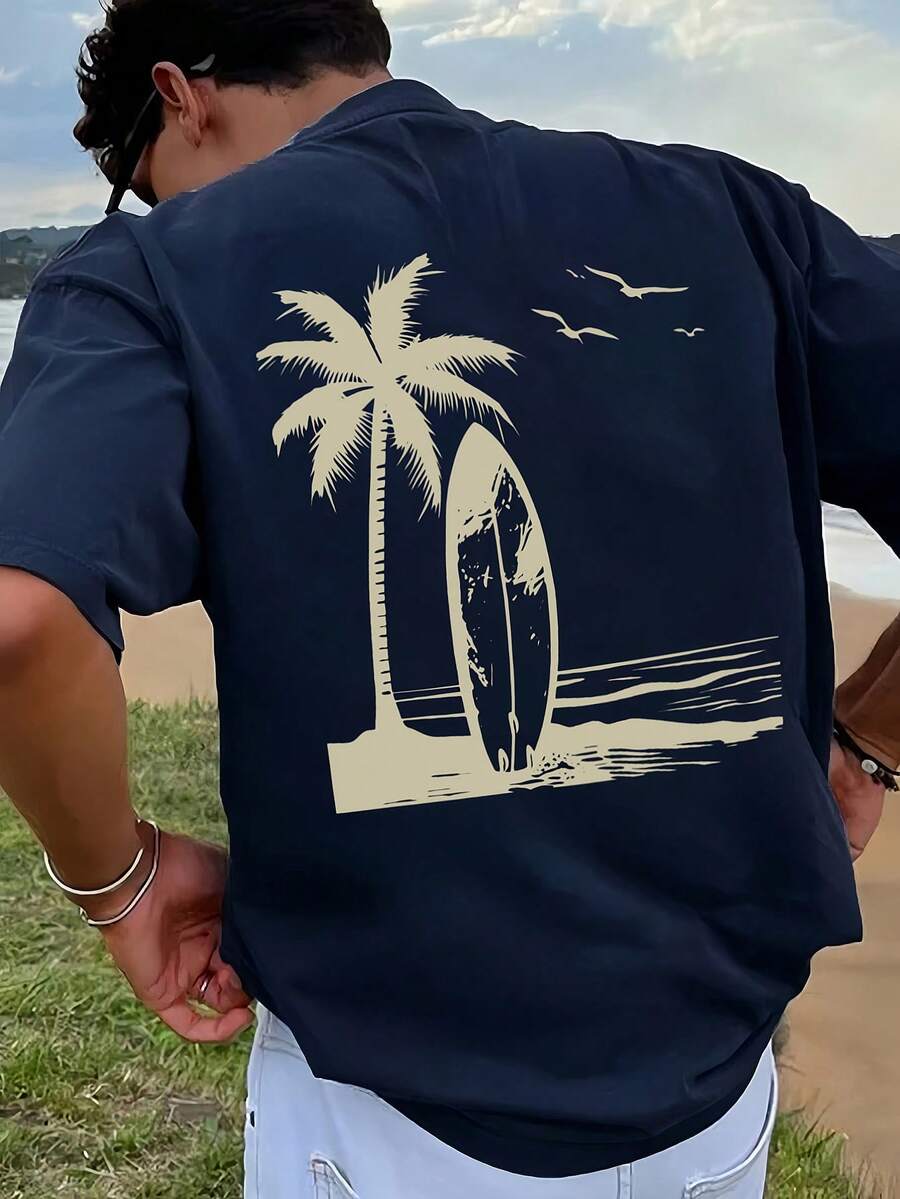 1件男士圖案印花T恤,海灘度假休閒夏季服飾,印花寬鬆版型短袖T恤 - 藏蓝色 - 查看 1