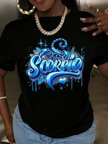 Scorpio Zodiac Sign Women Round Neck Plus Size T-Shirt Blue Scorpion And Starry Design Casual Wear For Daily Outings And Astrology Lovers - 黑色 - 查看 1