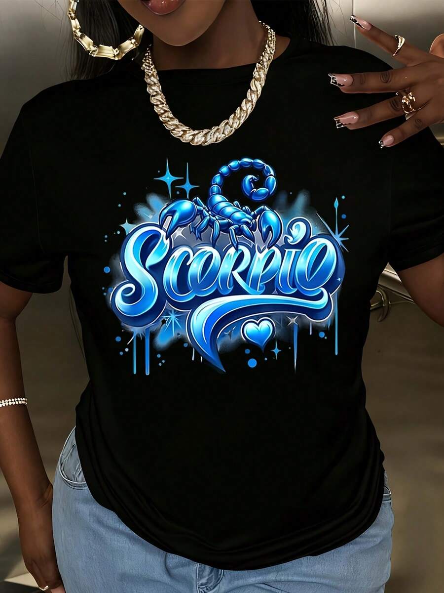Scorpio Zodiac Sign Women Round Neck Plus Size T-Shirt Blue Scorpion And Starry Design Casual Wear For Daily Outings And Astrology Lovers - 黑色 - 查看 1