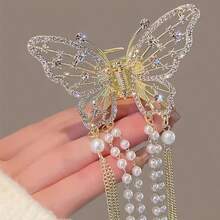 1pc New Butterfly Tassel Hollow Hair Clip, Elegant Butterfly Shaped Design With Rhinestones And Faux Pearl Tassels, Suitable For Ponytail And Updo Hairstyles, Adds A Graceful And Sweet Vibe To The Look Beach Accessories Hair Clips Summer Outfits Claw Clips Beach Hair Claws,Travel,Birthday - Multicolor - View 5