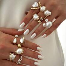 9 Pieces Open Pearl Ring Personalized Light Luxury Baroque Geometric Finger Ring For Women Daily Wear - Multicolor - View 3