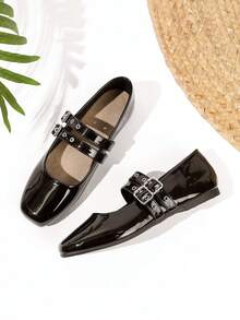 Zapatos Mary Jane planos y poco profundos con doble hebilla, adecuados para faldas y uso diario - Negro - Ver 5