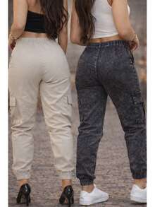 Stillger Moda Jeans Set Of 2 Cargo Jogger Jeans With Butt-Lifting Effect, High Waist, Premium Lycra - 米色和大理石紋 - 查看 3