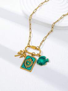 1 pieza Collar con colgante de corazón y pez de esmalte azul, collar de cadena de acero inoxidable con cierre de mosquetón, joyería bohemia de playa chapada en oro de 18K para mujeres - Collar con colgante de corazón y pez esmaltado en azul - Ver 2