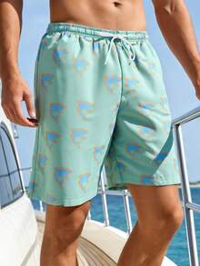 Shorts de playa con cintura con cordón y doble capa estampados para hombre - verde menta - Ver 3