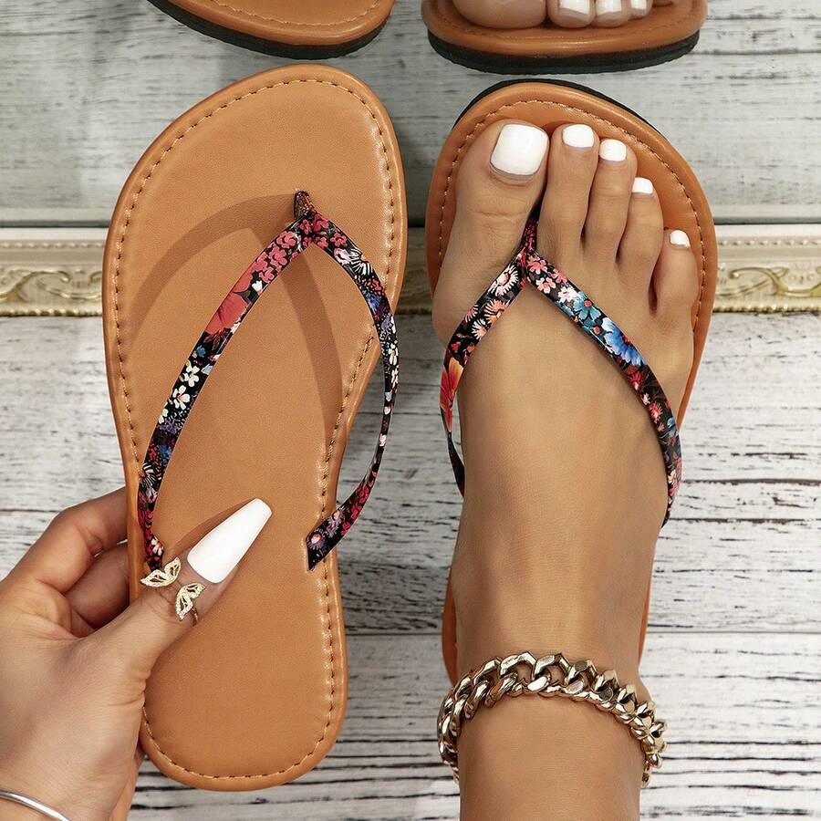 Women's Summer Fashion Flat Sandals, Cute Beach Slippers, Minimalist Floral Strap Flip Flops - Mocha Brown - View 1