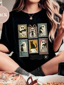Halloween Cat Ghost Shirt Cute Ghost Shirt Cat Mama Halloween Shirt Black Cat Tee Halloween Ghost Spooky Shirt Halloween Gift Cute Christmas Ghost Shirt 100% Cotton Cute Oversized Tshirts For Women Fashionable Beach T-Shirt, Summer Vibe T-Shirt Top - 黑色001 - 查看 1