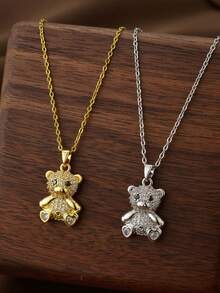 1pc Fashionable Cute Micro-Inlaid Zirconia Heart Bear Pendant Stainless Steel Necklace, Suitable For Daily Wear, Ideal Gift For Christmas, Mother's Day, Valentine's Day, Anniversary, Women's Jewelry Gift (Note: Due To Lighting And Shooting Angles, There May Be Slight Color Differences Between The Actual Product And The Picture) - Multicolor - View 1