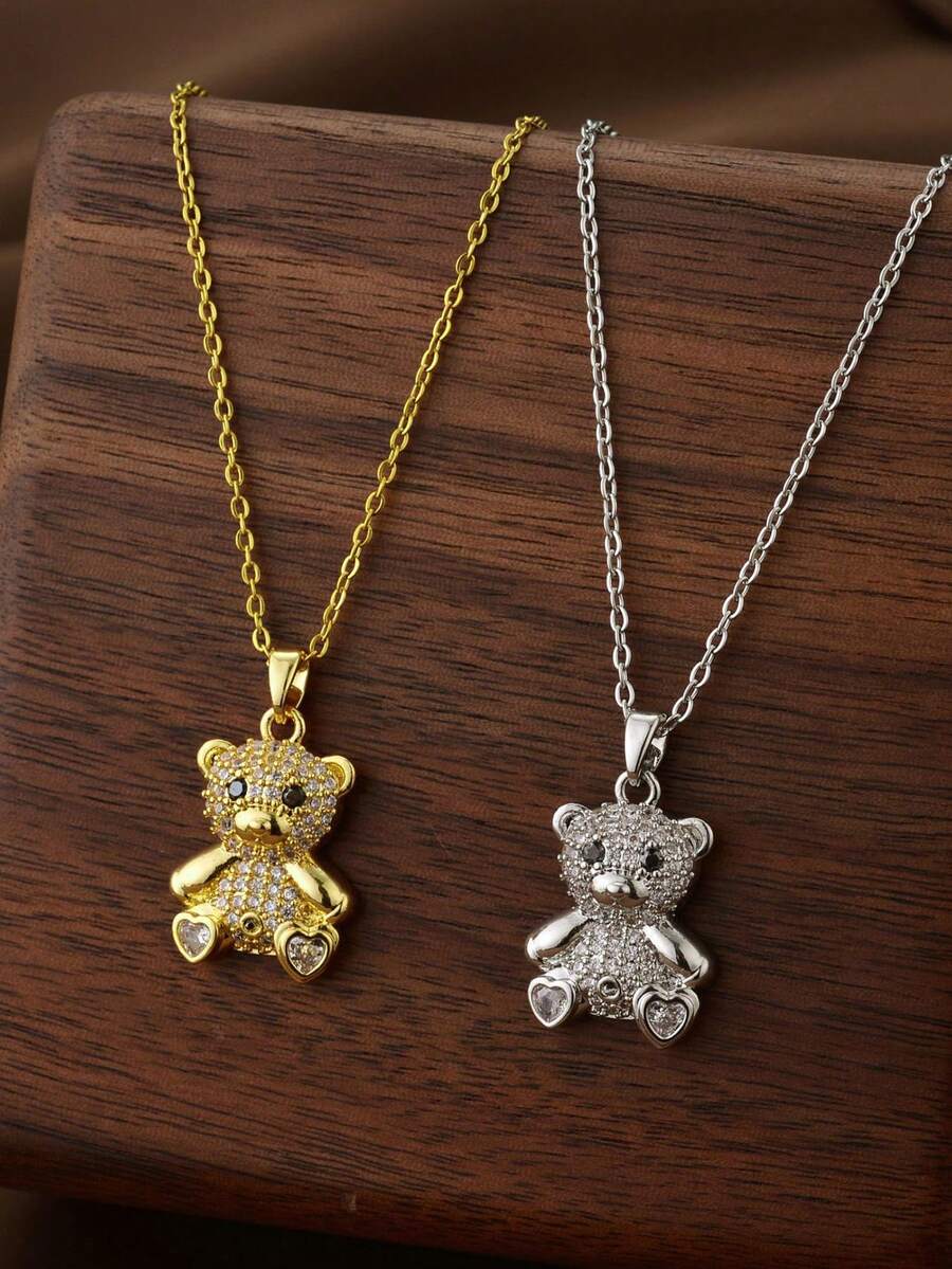1pc Fashionable Cute Micro-Inlaid Zirconia Heart Bear Pendant Stainless Steel Necklace, Suitable For Daily Wear, Ideal Gift For Christmas, Mother's Day, Valentine's Day, Anniversary, Women's Jewelry Gift (Note: Due To Lighting And Shooting Angles, There May Be Slight Color Differences Between The Actual Product And The Picture) - Multicolor - View 1